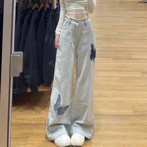 Kvinnors byxor kvinnor jeans byxor hög midja lapptäcke brett ben för retro rak denim med blixtlåssknappstängning