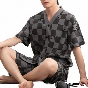 100% Pure Cott Pajamas for Men Summer Man Pijamas Plus Size L-3XL Short Sleeve Kimo Sleepwear Plaid Print Pajama Set 699a#