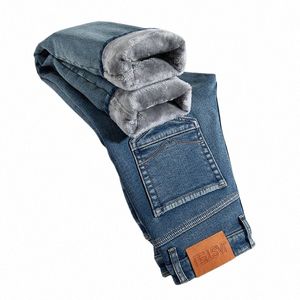 Original clássico vintage tendência masculina jeans de inverno lã grossa quente cott estiramento ajuste reto qualidade pano lazer calças f0Mp #