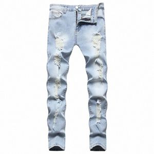 Snygga män magra hål tiggar jeans byxor mäns sträcka rippade av god kvalitet smala denim byxor manliga kläder 73da#