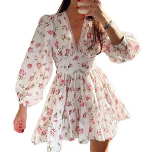 Vintage Women Summer Mini Dress Long Sleeve Floral Print Ruffles V Neck High midja Aline Cocktail Vestidos 240323