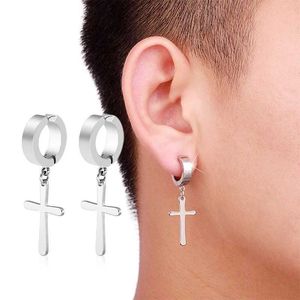 Hoop Huggie 1 pair of punk stainless steel cross star pendant earrings clip without perforations unisex hip-hop fashion ear holes mens jewelry 24326