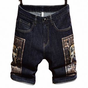 Trendiga sommartunna denimshorts för mäns fem punkt Fible Straight Tube broderade fr -tryck ytterkläder hästbyxor t17o#