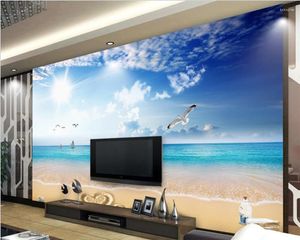 Wallpapers personalizado papel de parede 3d céu azul e nuvens brancas murais bela praia sala de estar quarto fundo decoração de parede