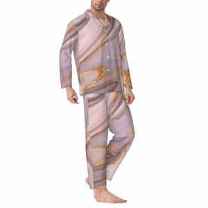 Пижамы Man Gold Liquid Print Night Sleepwear Rose Marble Из двух частей Ретро пижамные комплекты Lg Sleeve Удобный домашний костюм большого размера I7oT #