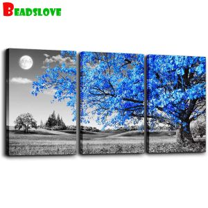 Stitch 3 PCS DIY Diamond Målning Blue Tree Moon Landscape Diamond Embroidery Full Square Round Diamond Mosaic Rhinestone målning