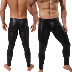 Sexy Men's Niski-Rise Upuch Skórzane legginsy Nocne Klub Klubu Performance Chude Pants Bodywear Męskie sztuczne skórzane legginsy N0GA#