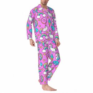 Netter Donut-Nachtwäsche-Frühlings-Regenbogen-Einhorn-Ästhetischer übergroßer Pyjama-Satz Männer LG-Hülsen-Schlafzimmer-Entwurfs-Ausgangsanzug 81Xd #