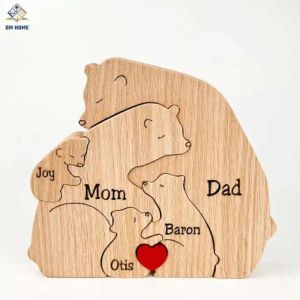 Miniaturas personalizado urso família quebra-cabeça de madeira diy gravura livre nome escultura casa deskdecor estatuetas presente aniversário natal