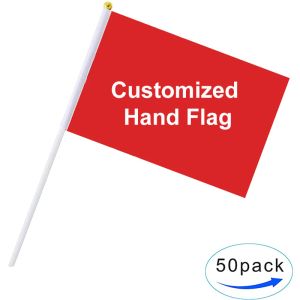 Akcesoria 50pcs Niestandardowa flaga ręki 14x21 cm z plastikowymi flagami rękami machając 100d poliester podwójny