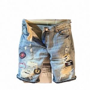 Summer Casual Punk w stylu punkowym luksus rozerwany dżinsy dżinsowe dżinsowe szorty dla mężczyzn z szczupłą łatką haftową dżinsy dla mężczyzn n04n##