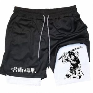 Anime Performance Shorts Toji Impresso Men GYM Casual Sports Shorts Workout Running Mesh 2 em 1 Sport Calças Curtas 32QI #