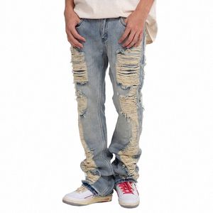 HARAJUKU RIPPAD FRAYED HOLE Blue Wed Jeans Pants for Men and Women Pockets Streetwear Casual Baggy Denim Trousers C147#