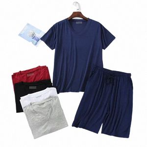 summer Pijamas for Mens Modal Plus Size 4xl Short Sleeve Shorts Thin V-neck Pullover Tops Loose Mens Shorts Pajamas Set B6lZ#