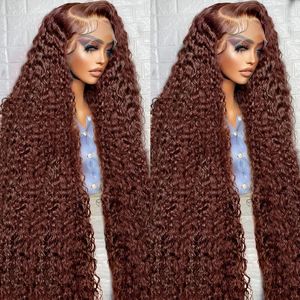 30 36インチHDチョコレートブラウンカラー13x4ディープウェーブレースフロントヒューマンヘアウィッグ13x6女性用の250％ブラジラン250％