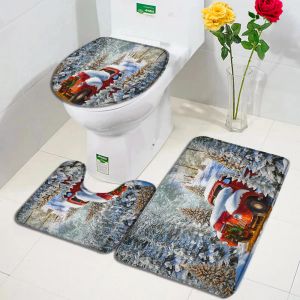 Mats Christmas Bath Mats Set Red Farm Truck Xmas Tree Cedar Winter Forest Scenery New Year Rug Bathroom Decor Carpet Toilet Cover Mat