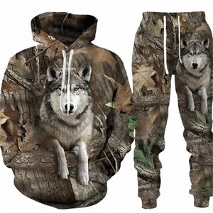 Mäns utomhusbanan Camoue Hunting Clothes Animal Rabbit Dog Wild Boar Print 3D Hoodie LG Pant 2 Piece Sportwear S-6XL O73T#