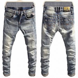 italiensk stil fi män jeans retro w smal fit stretch rippade jeans män byxor vintage designer casual denim pants hombre j96g#