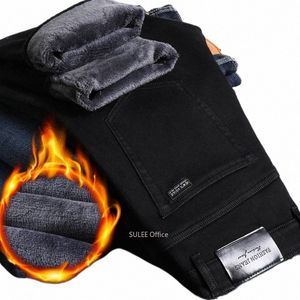 winter New Men's Fleece Warm Jeans Classic Style Busin Casual Thicken Regular Fit Denim Pants Black Blue Brand Trousers b45W#