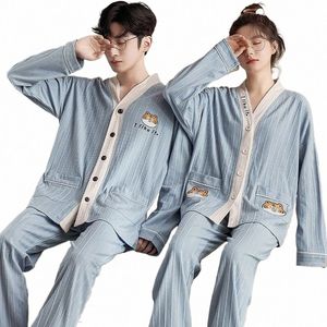 2024 New Spring Autumn Couple Pajamas Loose Casual Home Wear Men and Women V-neck Sleepwear Set Blue Solid Color Printed Pyjamas 68LX#