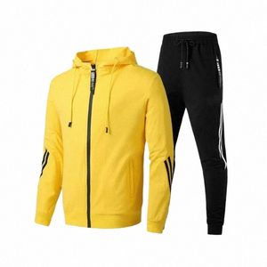 2023 New Men's Hooded Zipper Sport Set Casual Running Fitn Tracksuit Striped Coat+Drawstring Leggings Leisure 2 Pieces Outfit F5X7#