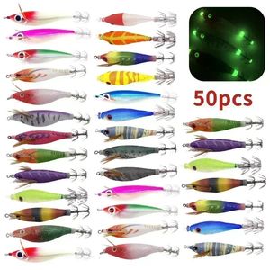 50-1Pcs Pesca Lula Jig Gancho Luminoso Madeira Camarão Polvo Lula Jig Isca De Pesca Choco Isca Artificial para Pesca Noturna 240312