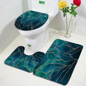 Paspaslar soyut mermer banyo mat set altın çizgiler mavi yeşil geometrik desen banyo dekoratif halı kalmaz halılar tuvalet kapak kapağı