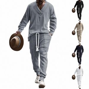 Maxi Men's Outfit Set V-hals Jacquard stickad tröja Autumn och vinter Ny avslappnad sportuppsättning för män J4Y8#