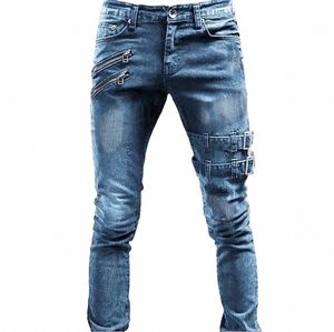 zipper Decorati Slim Fit Biker Jeans Men Cott Stretchy Ripped Skinny Jeans High Quality Hip Hop Black Oversize Denim Pants Y8g4#