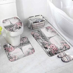 Mats vintage Paris Tower Bath Mats Set Pink Flower City Landskap Målning Hem Badrum Dekor Dörrmatta Antislip Toalettlock Matt