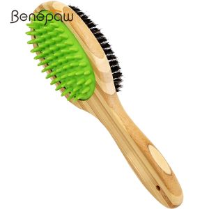 Pentes Benepaw Eficaz Bambu Dupla Face Escova para Cães Fácil Aderência Massagem Banho de Borracha Pincel de Cerdas para Cachorrinho Gato Grooming