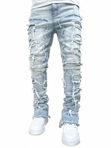 2024 Men's New Creative Tassels Decorati Straight Fit Jeans Casual Medium Stretch Street Style Denim Pants For All Seass G8CI#