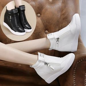 Women Casual Sneakers Leather Platform Wedge Boots Hidden Heel Increase Woman y Side Zipper Vulcanized Hip Top Shoes 240313
