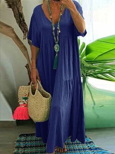 Plus Size Dres 2023 Summer Vneck Kort ärm PLESATED SOLID COLAM CASUAL MIDI DRESS HEM LOOK XL5XL 240402