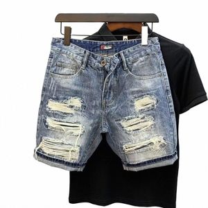 Elegante bequeme Loch-Sommer-Denim-Shorts für Männer kratzte atmungsaktive Jeans-Shorts männlich neue Fi 5-Punkte-Hosen y8qg #