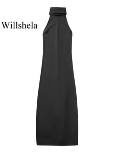 Willshela Women Fashion Black Backless Zipper Midi Dress Vintage Halter Neck Sleeveless Female Chic Lady Dresses 240315