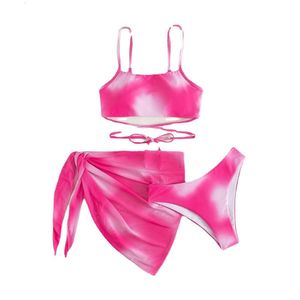2024 Cross Border Tie Dyed Bikini Swimsuit for Women's Three Piece Mesh Skirt Split Bikini Amazon Swimsuit in Europe and America