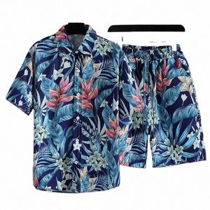 Die neuen INS beliebten Strandhemdanzüge, Kurzarmhemden und Shorts mit Kordelzug, Herrenbekleidung mit hawaiianischem Druck und Blumenmuster, Reisen u52U #