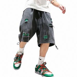 houzhou preto baggy calças de brim curtas homens denim shorts azuis jeans rasgados para homens verão japonês hip hop jeans streetwear harajuku b9oI #