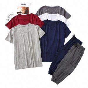 Японские весенне-летние мужские пижамы костюм модал вискозного волокна брюки с короткими рукавами свободные большие размеры повседневная домашняя одежда F9fk#