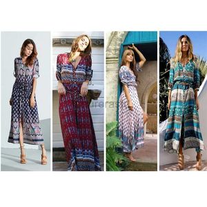 Costumi da bagno da donna S-5XL Bohemian Maxi Abito stampato da donna Donna Sexy scollo a V Gilet da spiaggia estivo Donna Fiore allentato Abito da festa retrò 240326