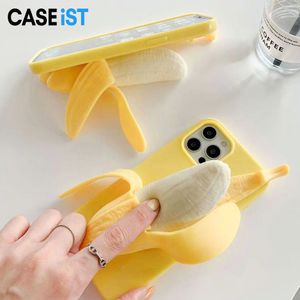 CASEiST Creative 3D Peel Banana Phone Case Cute Gift Soft Silicone Fidget Relief Squeeze Release Stress Toy Cover Holder Stand For iPhone 15 14 13 12 11 Pro Max XS 8 7 Plus