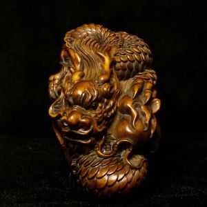 Sculptures YIZHU CULTUER ART Chinese boxwood hand carved force Loong Dragon Figure statue netsuke decoration Gift Collection L 8 CM