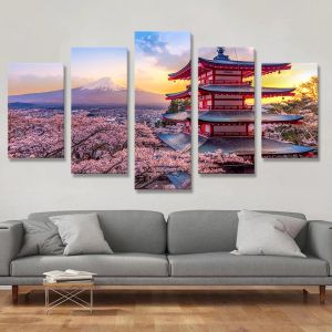 5 Panels japanischen Stil Mount Fuji Leinwand Malerei Wandbilder Kirschblüten Landschaft Poster für Wohnzimmer Dekoration