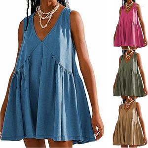 Casual Dresses Summer Women Dress A-line Big Swing Patchwork Sleeveless Loose Vest Typ V Neck Mini Vacation Beach Sundress