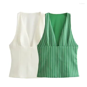 Tanques femininos YENKYE Mulheres Verde Listrado Top Sexy Sem Mangas V Pescoço Feminino High Street Summer Tank Tops