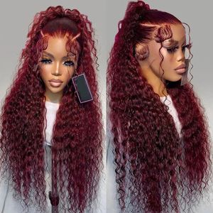 Dark Wine Red Loose Curly Synthetic 13X4 Lace Front Wigs Glueless Heat Resistant Fiber Natural Hairline Free Parting for Women