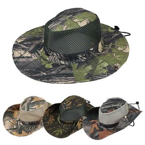 TS Military Camouflage Net Bucket Hat Wide Brimmed Beach Hat UV Protection Hunting Fishing Climbing Hat Outdoor Mens Sun Hatc24326