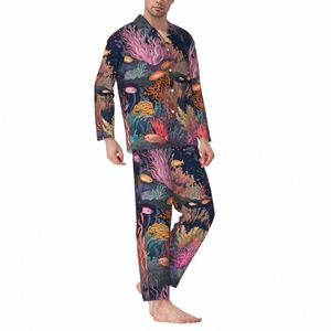 Tropisk marin sömnkläder Autumn Coral Reef Casual Loose Overdimensionerad pyjama Set Men LG Sleeve Romantic Home Design Home Suit Z0VT#