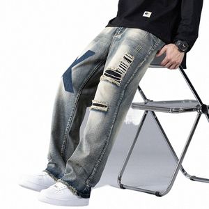 2024 Trendiga jeans med hål, mäns lösa och raka ben retro patch patch patch, brett ben casual lg byxor s-2xl r5bw#